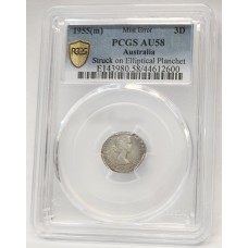 AUSTRALIA 1955 . THREEPENCE . ERROR . STRUCK ON ELIPTICAL FLAN